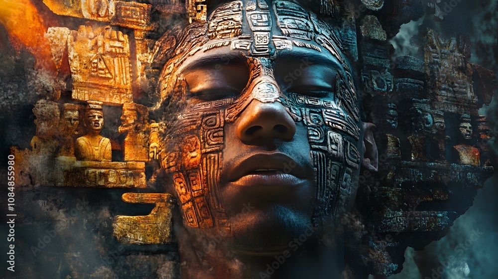 Poster a detailed portrait of a man with 3d-rendered features, set against a 2d backdrop of cultural artifa
