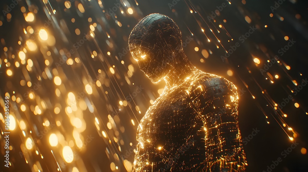 Aufkleber a futuristic 3d-rendered humanoid ai with intricate metallic detailing, set against a 2d background 