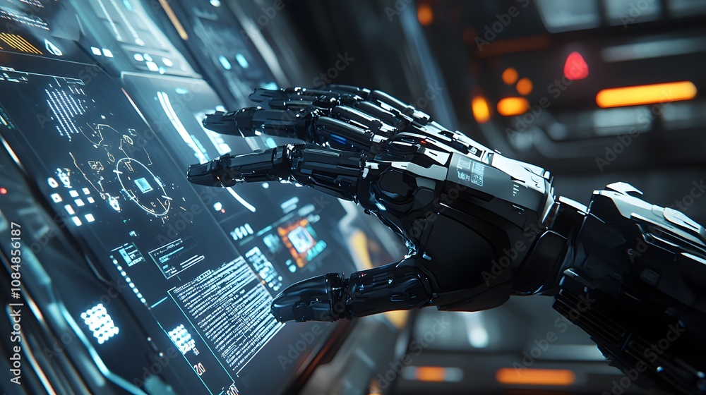 Poster A sleek robotic hand reaching out in 3D, integrated with a 2D interface of holographic data points and digital symbols. 4k resolution, Cinematic Scene
