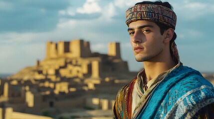 Fototapeta premium A young man in traditional dress, rendered in 3D against a 2D landscape of a cultural landmark. 4k resolution, Cinematic Scene