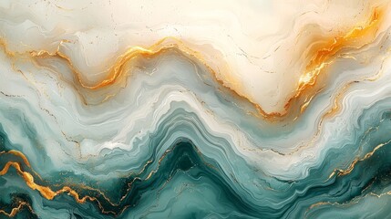 Abstract fluid art with swirling patterns in teal, gold, and cream tones.
