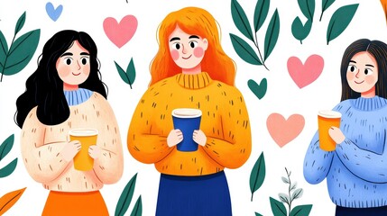Happy Women Friends Enjoying Coffee Together Cozy Autumn Illustration