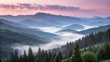 Obraz premium Serene sunrise over misty mountain ranges, a picturesque landscape of rolling hills and evergreen forests