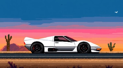 Obraz premium Pixel Art Sports Car Sunset Desert Road Drive
