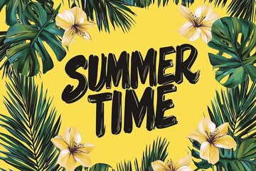Obraz premium hello summer holiday illustration with tropical leaves and flowers on Yellow Background.