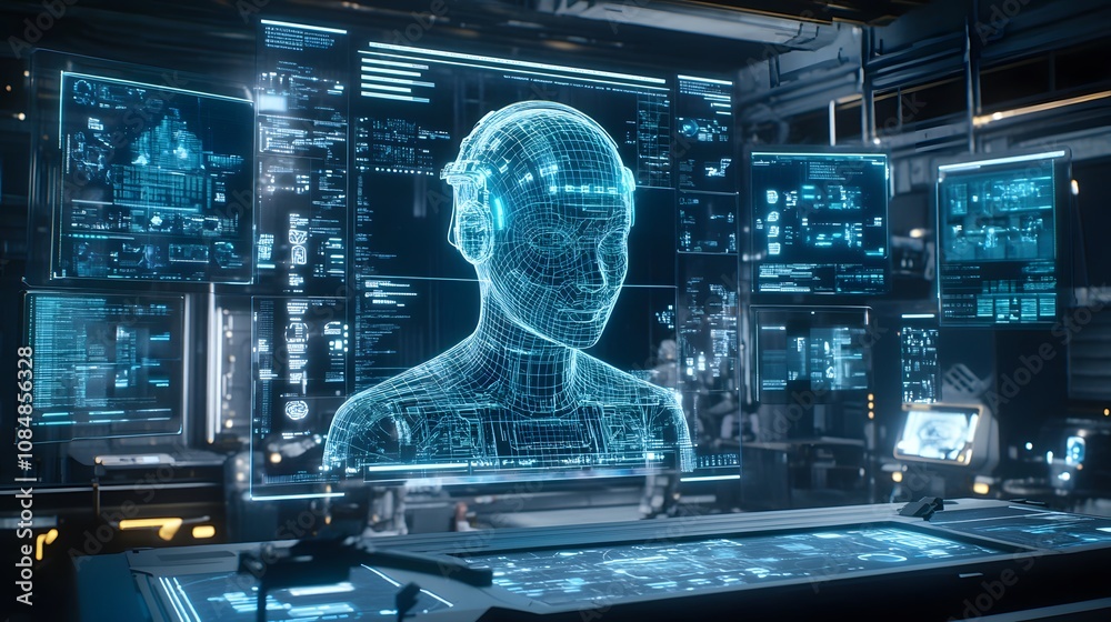 Poster A digital assistant represented in 3D with a holographic headpiece, surrounded by 2D floating interface screens. 4k resolution, Cinematic Scene
