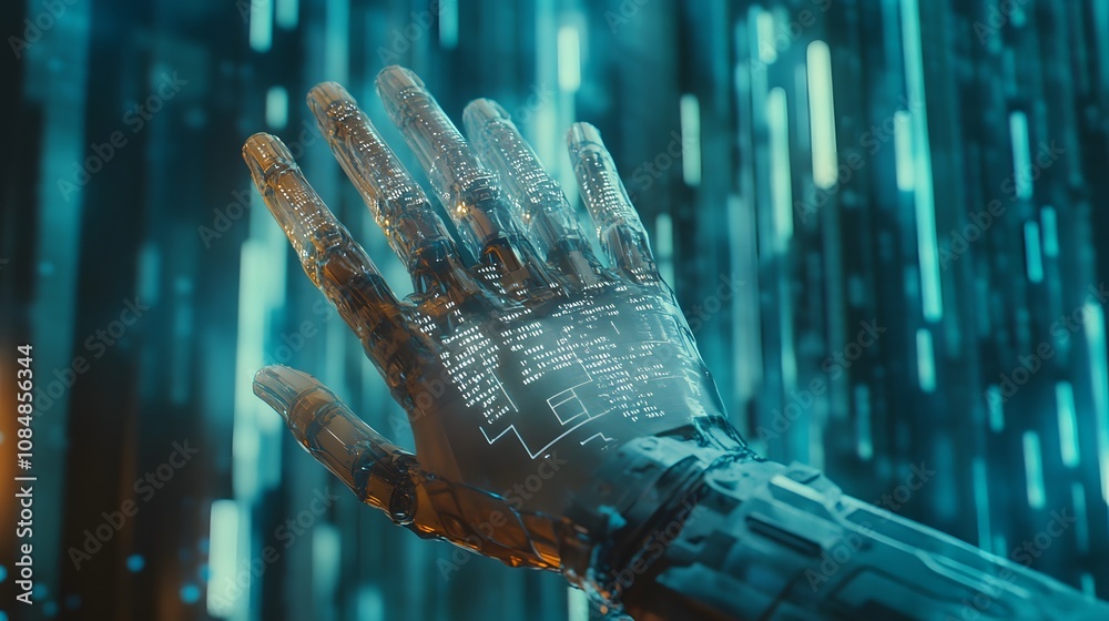 Aufkleber A close-up of a robotic hand, with 3D mechanical fingers and a 2D network of digital code floating in the background. 4k resolution, Cinematic Scene