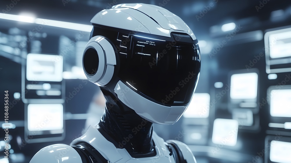 Poster A digital assistant represented in 3D with a holographic headpiece, surrounded by 2D floating interface screens. 4k resolution, Cinematic Scene