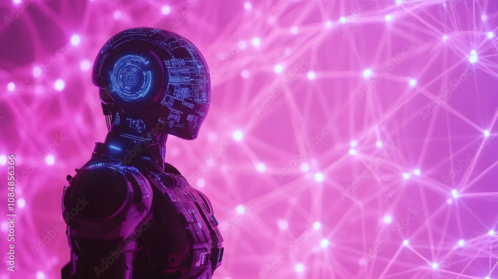 Poster An AI robot in 3D detail with glowing circuits, standing before a 2D matrix background of interconnected data points. 4k resolution, Cinematic Scene