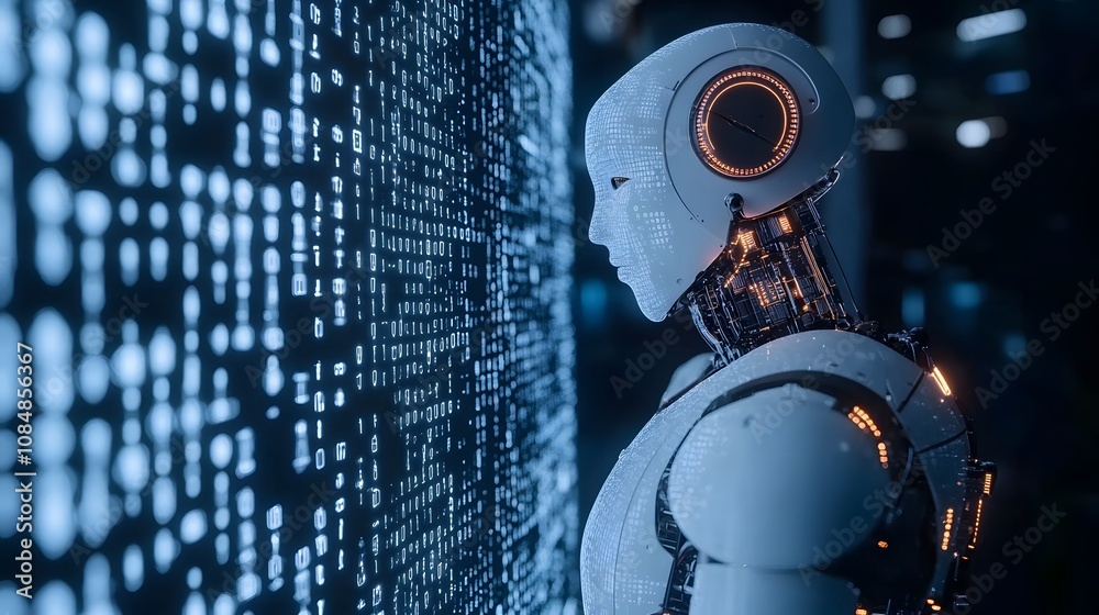 Aufkleber An AI robot in 3D detail with glowing circuits, standing before a 2D matrix background of interconnected data points. 4k resolution, Cinematic Scene