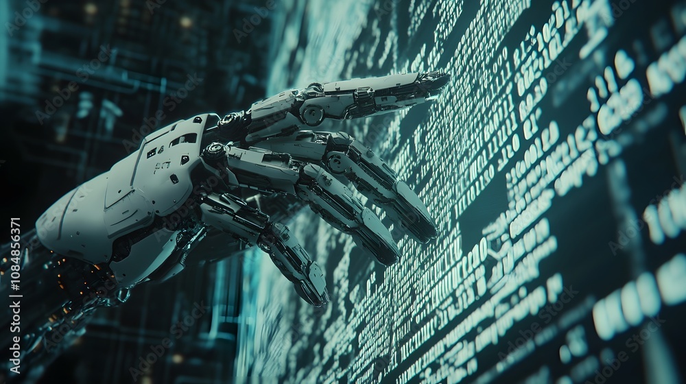 Aufkleber A close-up of a robotic hand, with 3D mechanical fingers and a 2D network of digital code floating in the background. 4k resolution, Cinematic Scene