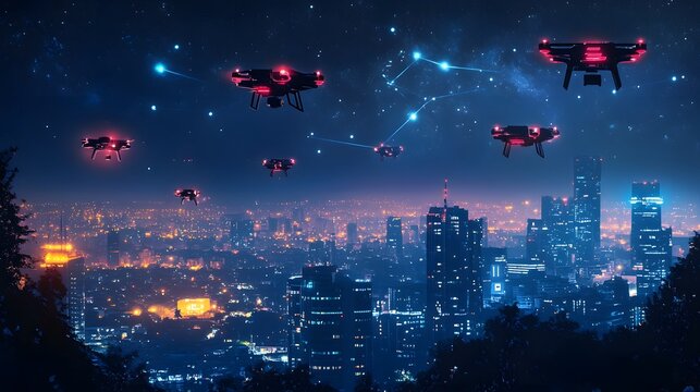 A futuristic cityscape with AI-driven drones in 3D, integrated into a 2D illustrated night sky filled with stars and data symbols. 4k resolution, Cinematic Scene