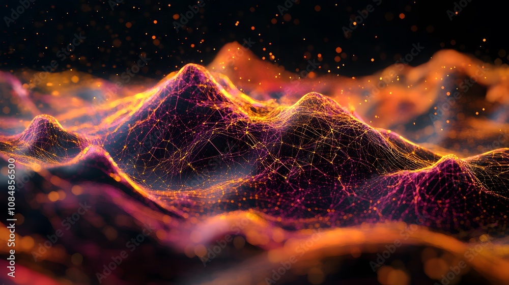 Poster A 3D digital brain model with neural connections, layered over a 2D landscape of swirling data patterns. 4k resolution, Cinematic Scene