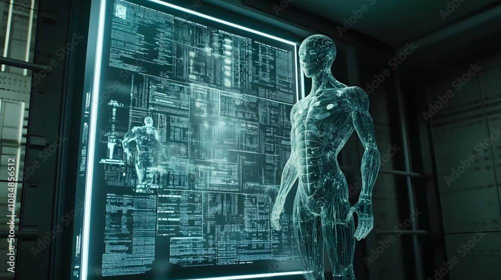 Leinwandbilder an ai humanoid figure in 3d, interacting with a 2d holographic projection of data streams and calcul