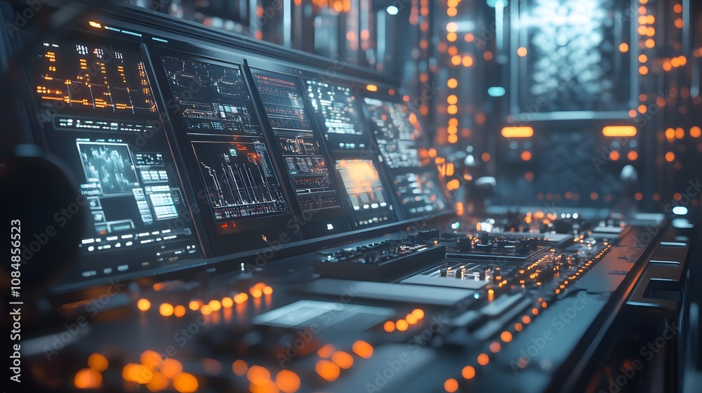 Poster a futuristic ai control room with 3d machinery, integrated with 2d holographic displays of operation