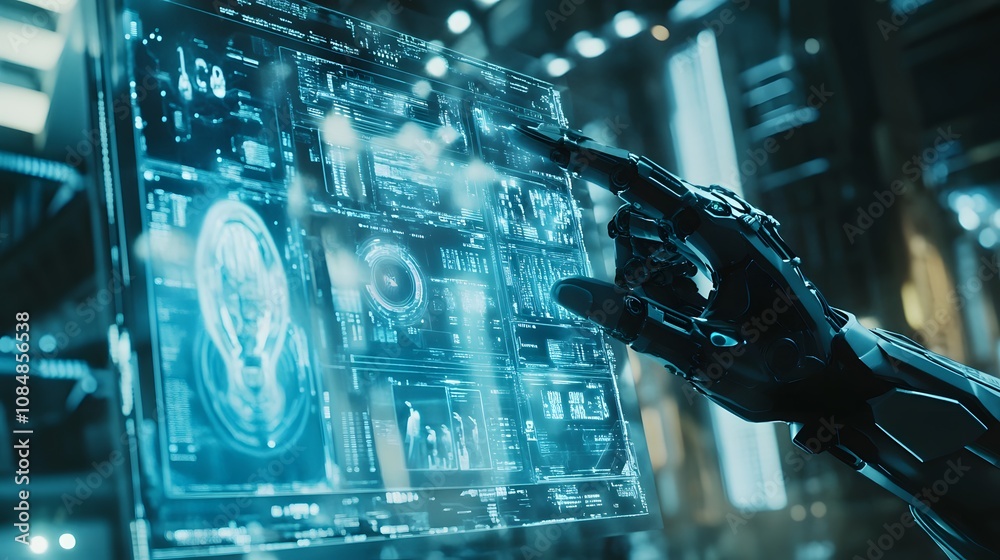 Poster a robotic arm in 3d holding a transparent screen filled with 2d digital codes and futuristic designs