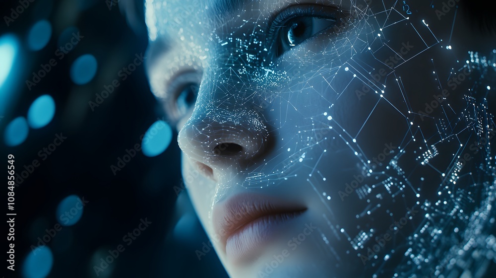 Poster An AI assistant with a human-like 3D face, layered over a 2D network of data lines and circuit patterns. 4k resolution, Cinematic Scene