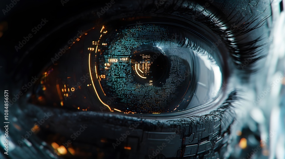 Poster A close-up of an AI eye with intricate 3D components, set against a 2D digital pattern of swirling data points. 4k resolution, Cinematic Scene