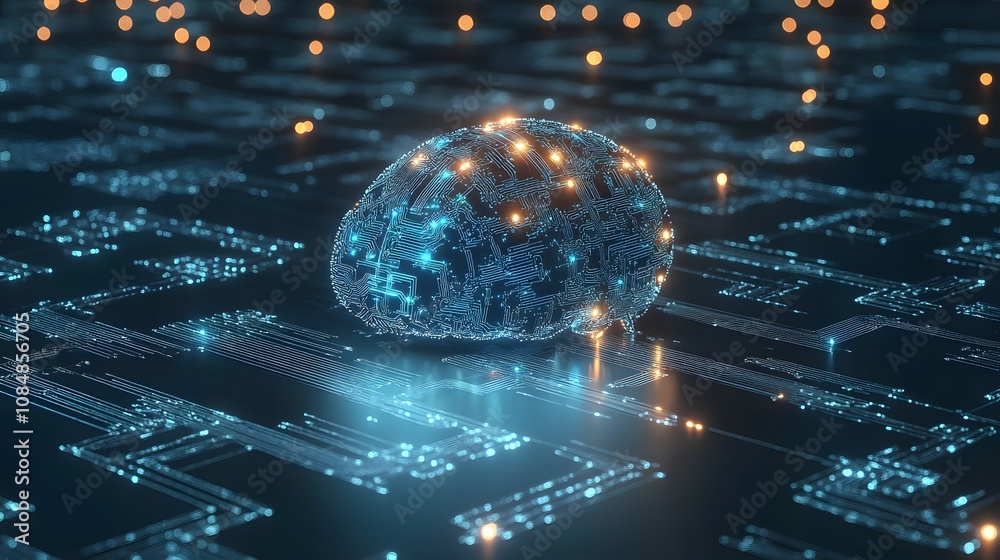 Aufkleber A 3D AI brain with glowing circuits, set against a 2D background of interconnected data nodes and symbols. 4k resolution, Cinematic Scene