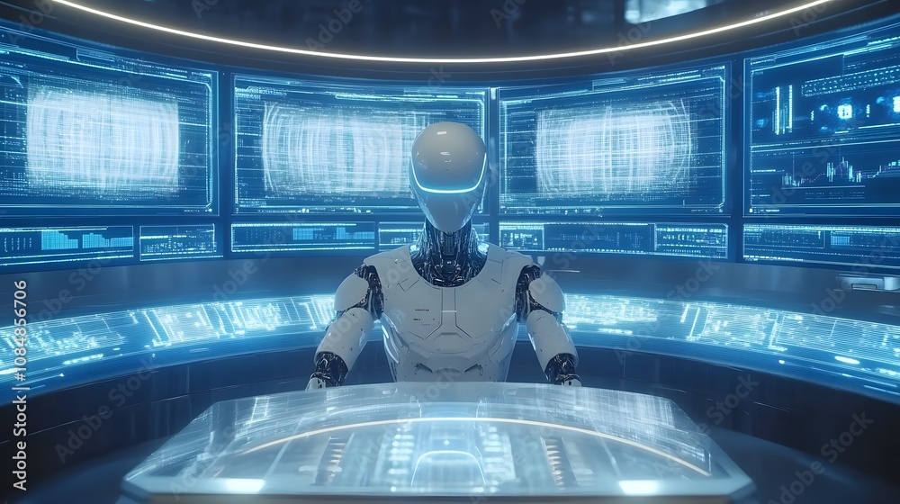 Aufkleber A futuristic AI lab with a 3D robot in the center, surrounded by 2D holographic screens displaying analytical data. 4k resolution, Cinematic Scene