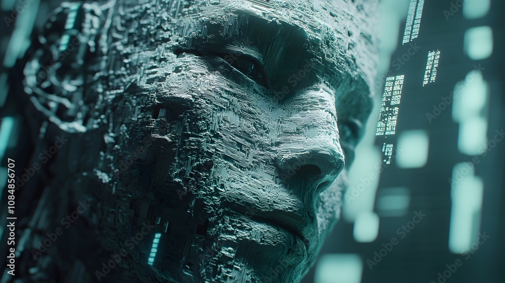 Poster A robotic face with intricate 3D details, integrated into a 2D background of floating code and abstract data symbols. 4k resolution, Cinematic Scene