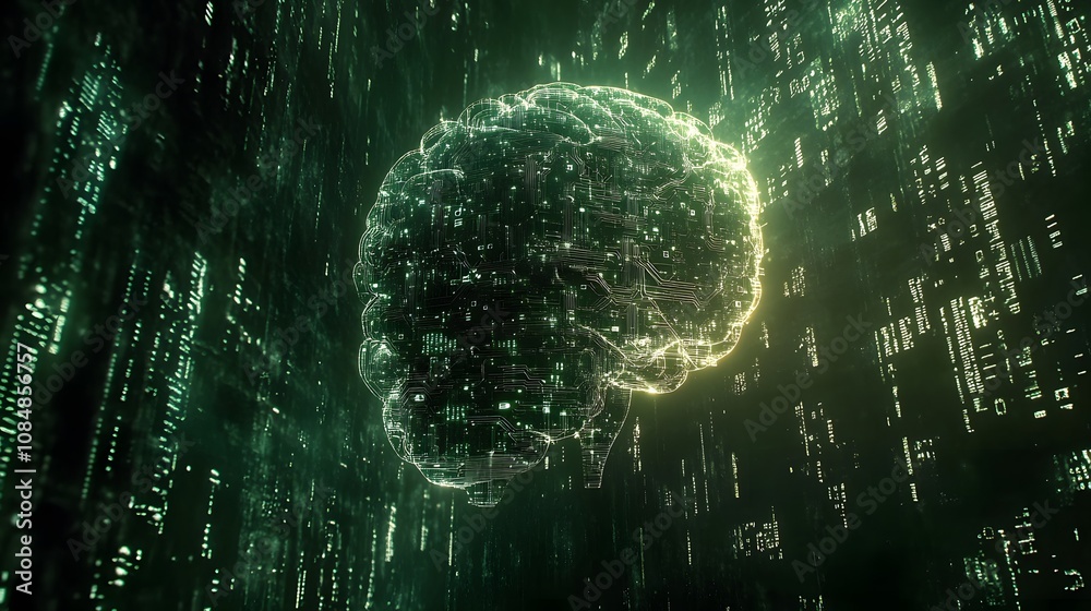Aufkleber A 3D AI brain with glowing circuits, set against a 2D background of interconnected data nodes and symbols. 4k resolution, Cinematic Scene