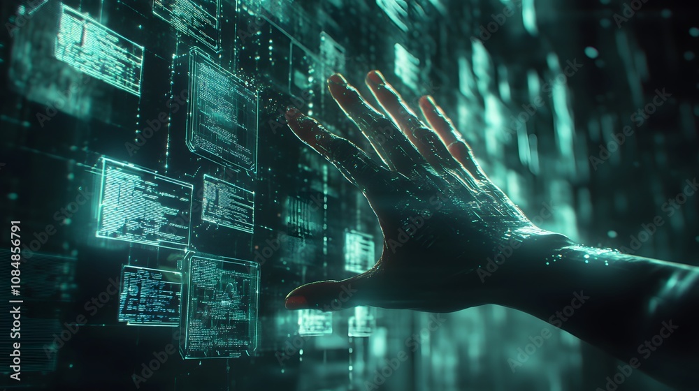 Aufkleber an ai hand in 3d, reaching towards floating 2d holograms depicting digital information and data stre