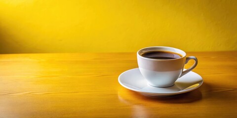 Aromatic black coffee in a white cup sits on a polished wooden surface against a vibrant yellow background