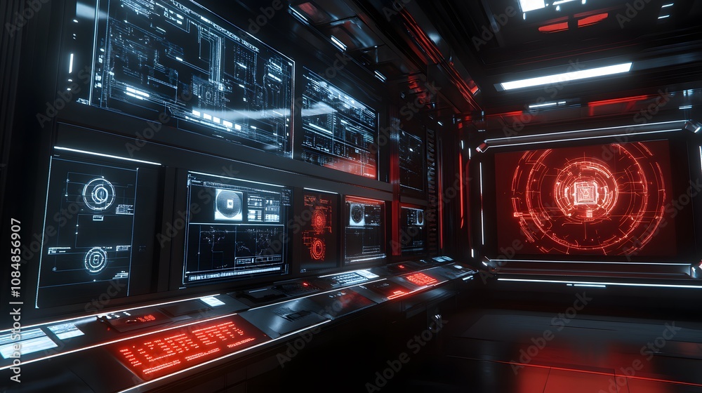 Aufkleber A futuristic data center with a 3D AI interface, integrated with 2D data patterns on the walls. 4k resolution, Cinematic Scene