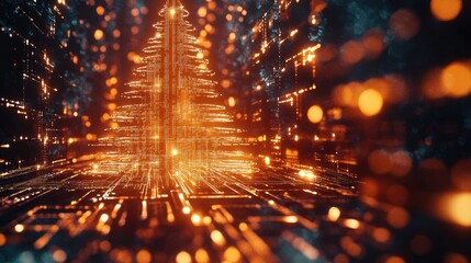 Naklejka premium Glowing digital Christmas tree with abstract technology patterns, representing holiday spirit in a modern, tech-driven world.