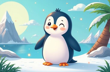 Cute cartoon penguin celebrating World Animal Day in a bright and cheerful setting