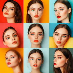 A vibrant grid of nine portraits featuring a young woman's diverse expressions against colorful backgrounds.