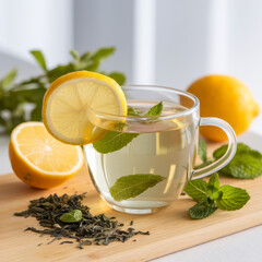 Healthy herbal tea with lemon and mint. Natural gourmet organic drink photography with bright and soft natural lighting.