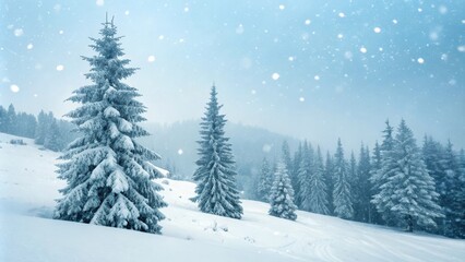 Fototapeta premium Serene Winter Wonderland Snow-Covered Evergreens in a Misty Mountain Forest