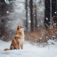 Obraz premium Shiba Inu Dog In Winter Snow Fairy Tale Forest Background