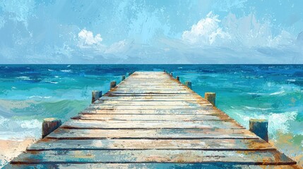 Obraz premium Wooden pier stretching towards blue ocean.