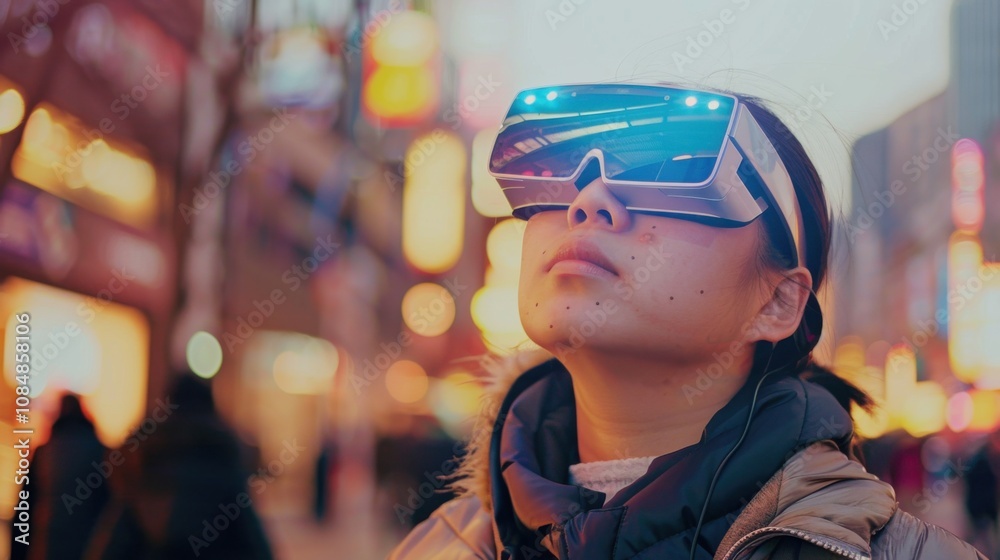 Poster a person using augmented reality glasses for real-time language translation during international tra