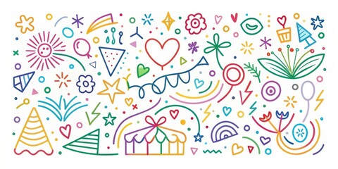 A vibrant collection of hand-drawn celebratory elements, including hearts, stars, balloons, and party hats, ideal for festive designs.
