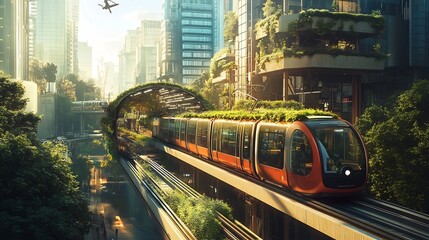 Towering Vertical Urban Farms Integrated with Sustainable Electric Rail Network in Futuristic Cityscape