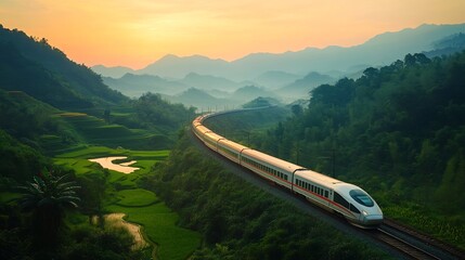Fototapeta premium Tranquil Mountain Landscape with Modern High Speed Train Traversing Picturesque Terraced Rice Fields