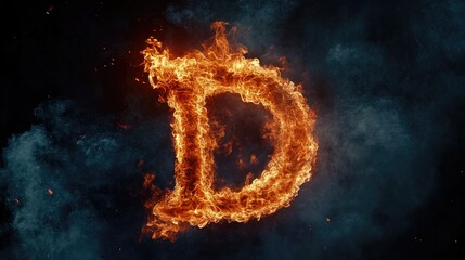 Letter D outlined in burning fire, fiery flames wrapping around the letter, with smoke rising on a dark background.