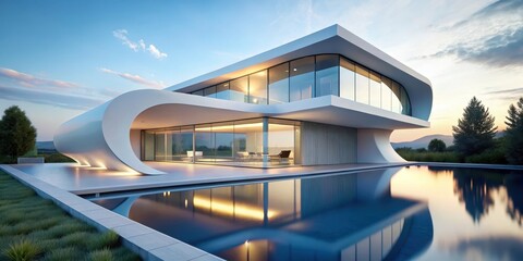 Fototapeta premium Modern Architectural Design A Luxurious Residence with Infinity Pool at Sunset