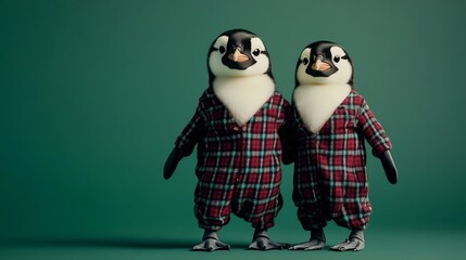 Adorable Penguins Wearing Plaid Holiday Pajamas in Cozy Winter Studio Scene