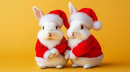 Adorable White Rabbits Dressed in Santa Costume on Gold Background