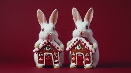 Adorable White Rabbits Dressed in Shiny Gingerbread House Outfits on Burgundy Background