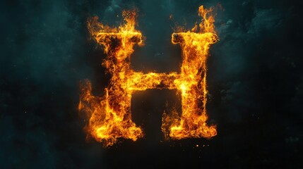 Letter H set ablaze with intense flames, glowing bright orange and yellow against a dark, smoky background.