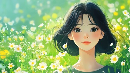 Young woman with black hair in a field of daisies.