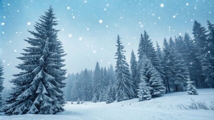Naklejka premium A serene winter landscape showcasing snow-laden evergreen trees under a softly falling snow, creating a picturesque and peaceful scene.