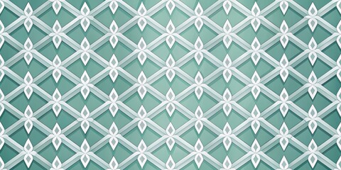 Seamless Teal and White Geometric Pattern with Interlocking Diamond and Floral Motifs
