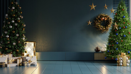 Christmas scene with two trees and a wreath. The room is decorated with Christmas lights and presents- 3D rendering